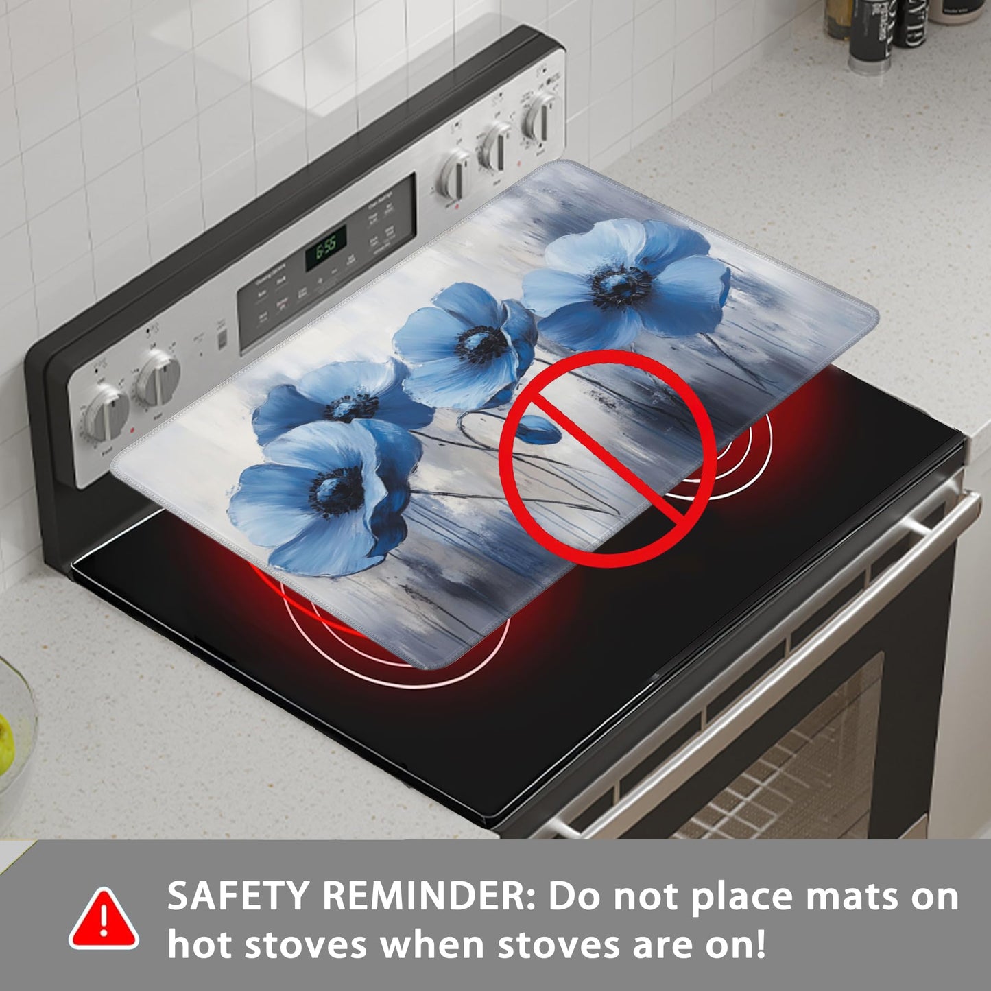 Stove Top Cover for Electric Stove,Vintage Blue Flower Anti-Slip Heat Resistant Rubber Flat Top Oven Cover Mat, Dish Drying Mat 28.5'' x 20.5''