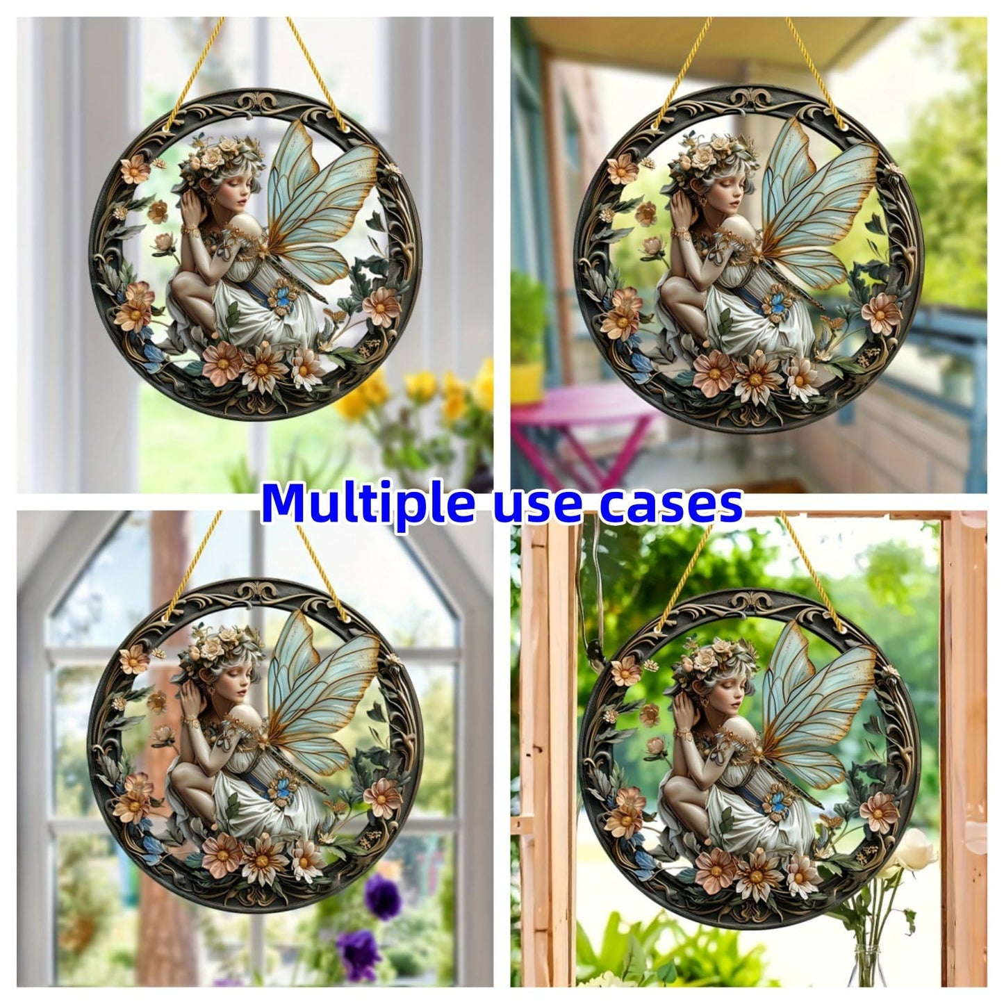 VTYFRY Flower Fairy Garden Decorations Angel Wing Christmas Halloween Deco Statue Art Elf Sculpture Hanging Craft for Outdoor Yard Courtyard Lawn Patio Window Acrylic Ornament Home Gift (A,S: 6*6 IN)