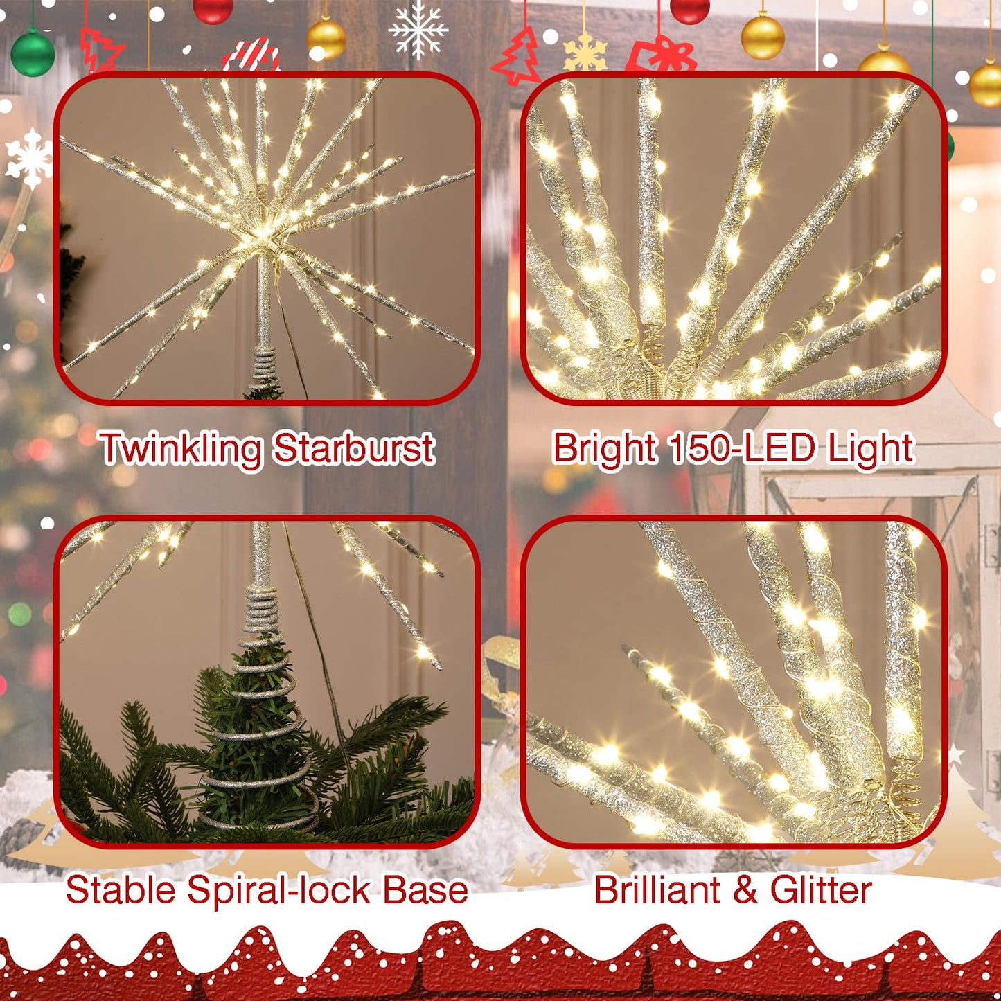 HMASYO 15 Inch Twinkling Starburst Christmas Tree Star Topper, 19-Point Silver Star Tree Topper with 150 LED, Remote Control & Timer, USB Power for Indoor Home Holiday Party Xmas Tree Decoration