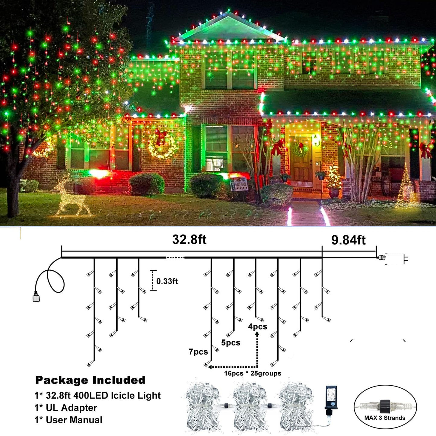 Icicle Lights for Outside - 33FT 400 LED Icicle Christmas Lights Outdoor with 75 Drops 8 Modes Timers, Waterproof Connectable Hanging Lights for Indoor Eaves Party Holiday Decorations, Red and Green