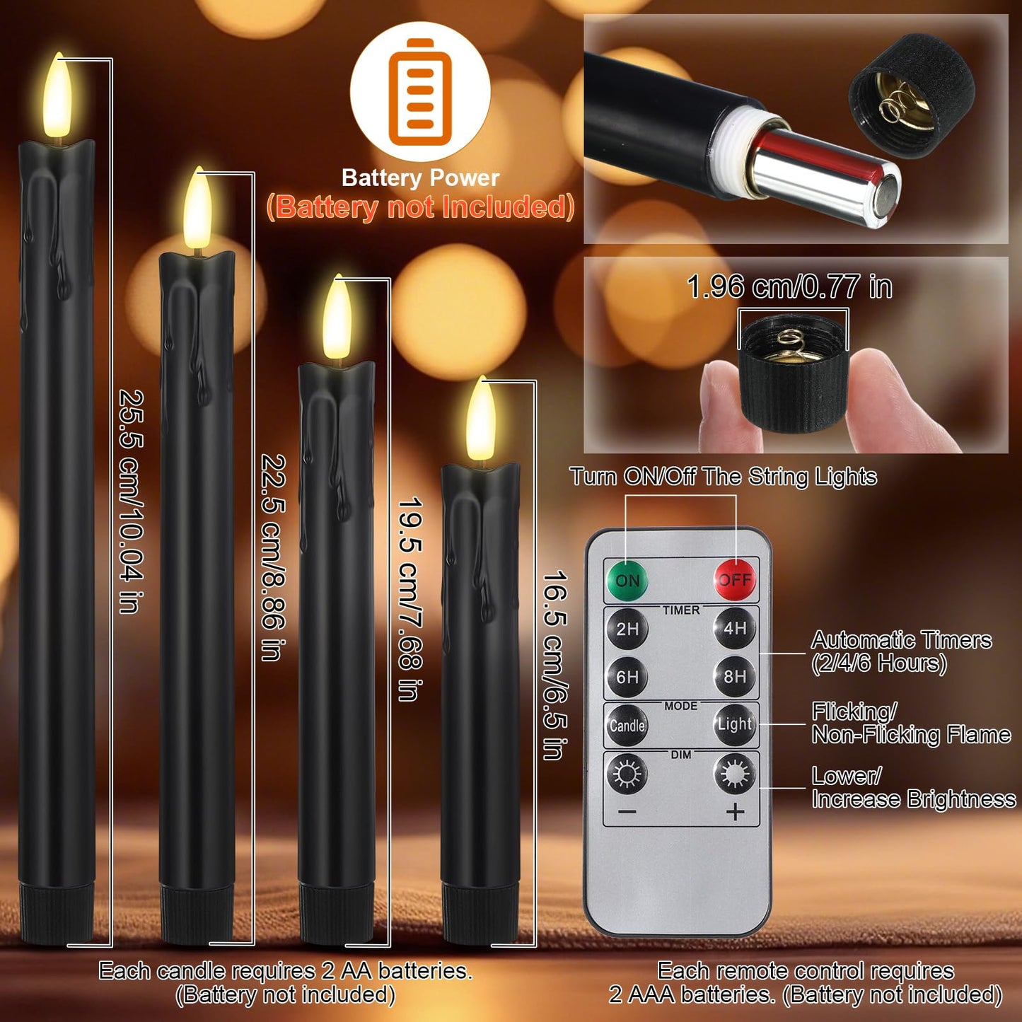 Retisee 20 Pcs Flameless Taper Candles with Timer Remote 6.5" 7.7" 8.9" 10" Plastic LED Candlesticks Battery Operated LED Candles for Indoor Home Wedding Christmas Decoration(Black)