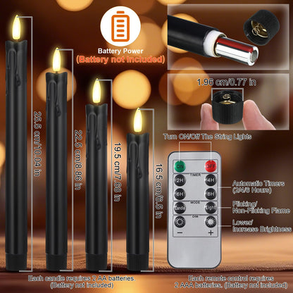 Retisee 20 Pcs Flameless Taper Candles with Timer Remote 6.5" 7.7" 8.9" 10" Plastic LED Candlesticks Battery Operated LED Candles for Indoor Home Wedding Christmas Decoration(Black)