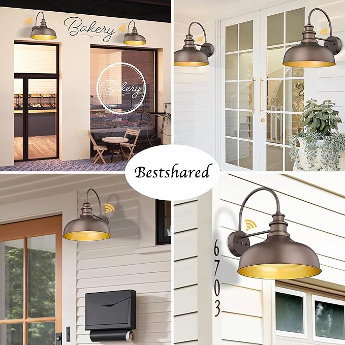 Bestshared 16 Inch Dome Large Dusk to Dawn Sensor Gooseneck Barn Light Farmhouse Outdoor Wall Sconce Industrial Exterior Wall Lighting Fixture, Outside Lantern Garage Lamp (ORB+Gold, 16” Dome-2Pack)