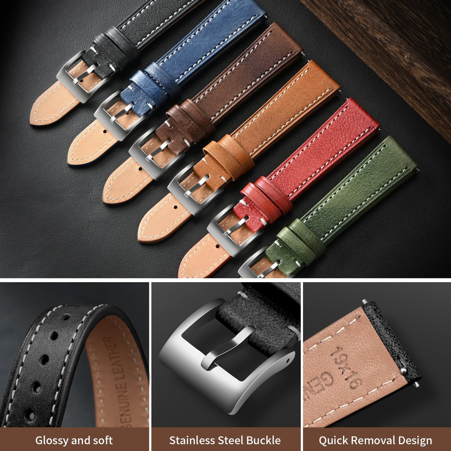 ULLCHRO Leather Watch Straps for Men & Women - Quick Release - Stainless Steel Buckle - Replacement Strap - Band With 17mm, 18mm, 19mm, 20mm, 21mm, 22mm (22mm, Black)