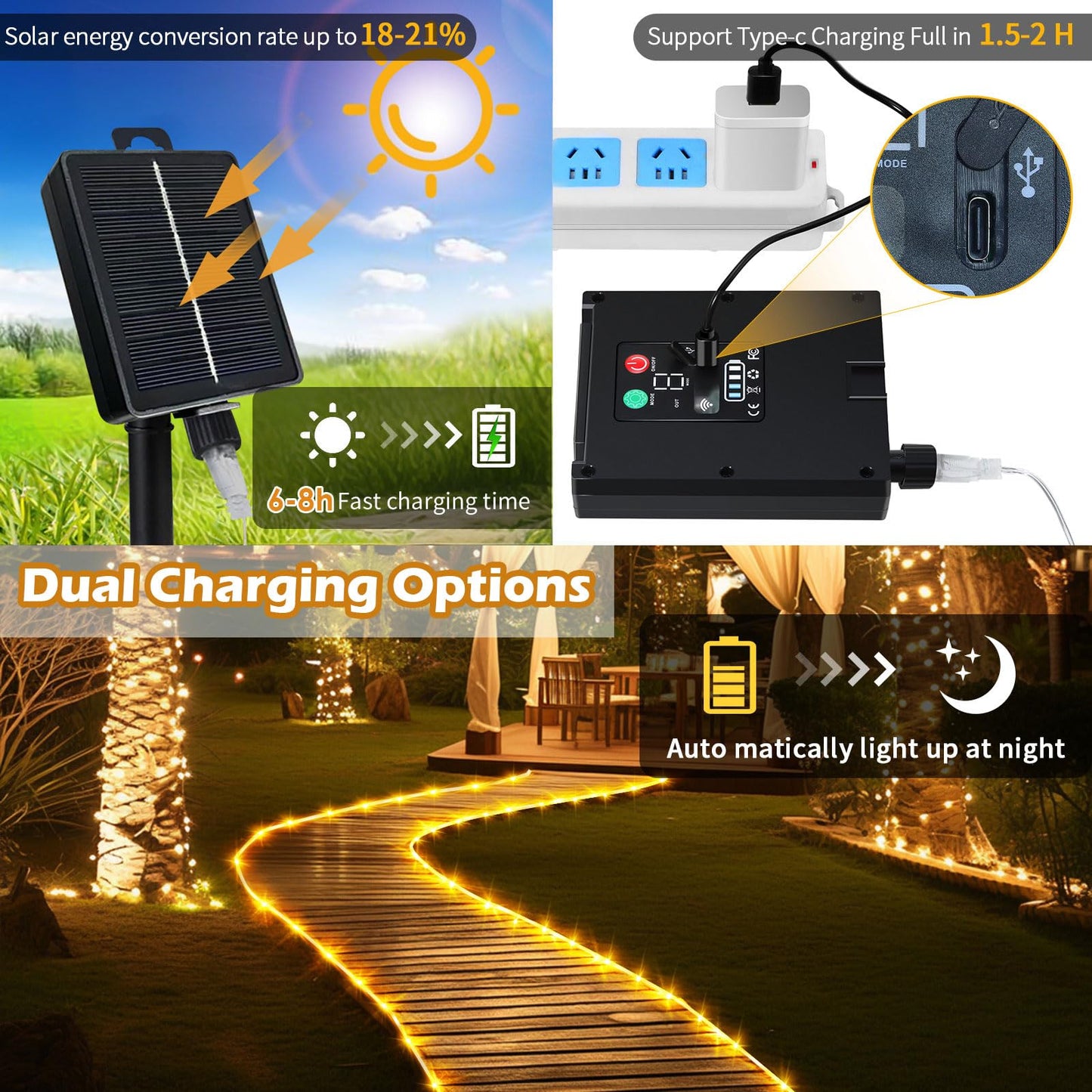 LairtPOW Solar Rope Lights with Remote for Palm Tree,39FT 100LEDs Outdoor Solar Strip Lights for Garden,IP67 Waterproof,USB Charging, Timing & 8 Modes Larger Tube Fairy Light for Christmas(Warm White)