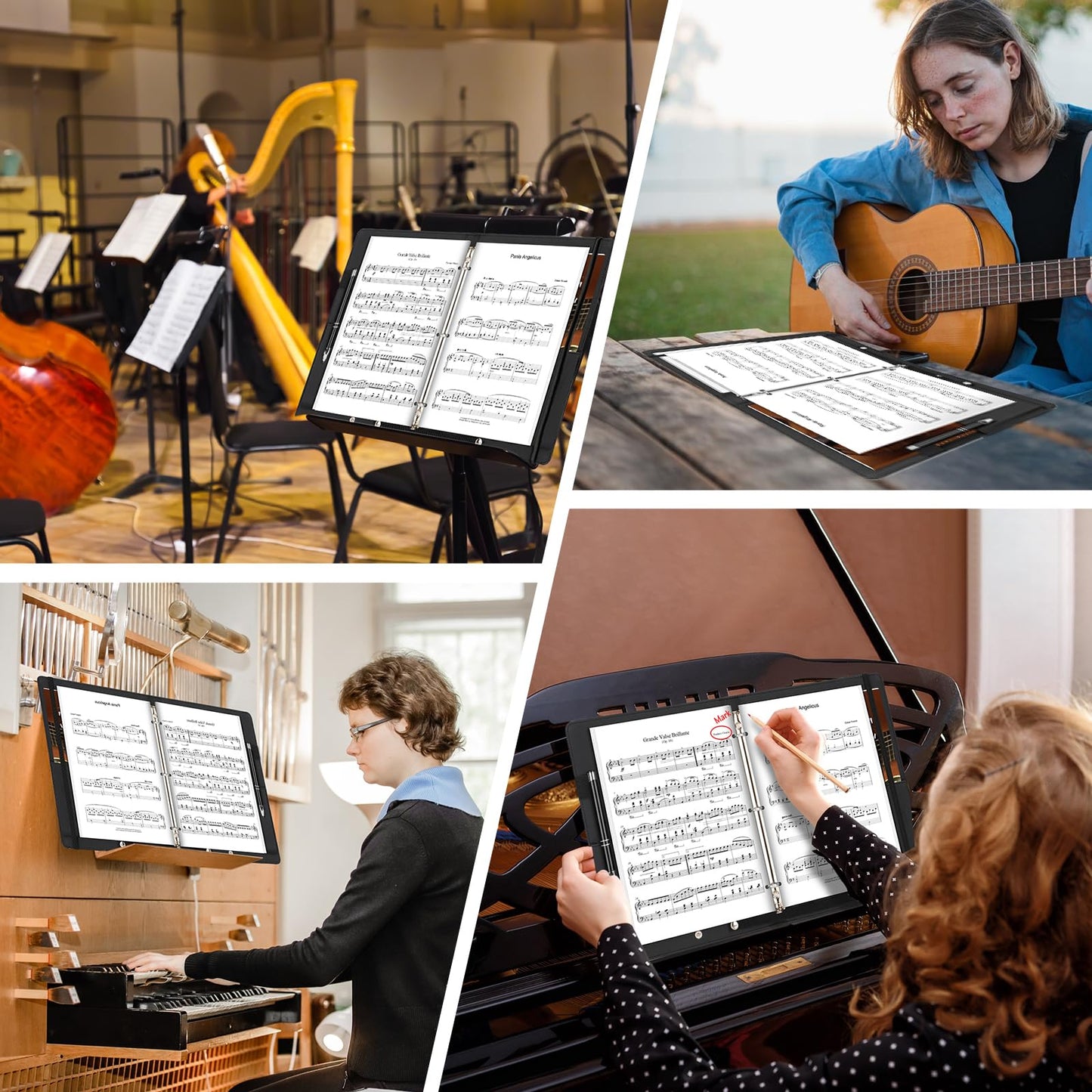 YOTINO Sheet Music Folder, 3 Ring Choral Muisc Folder,13"x10.2" PU Leather Music Binder Black with Elastic Band and Handle Fits Letter Size 8.5 x 11 inch