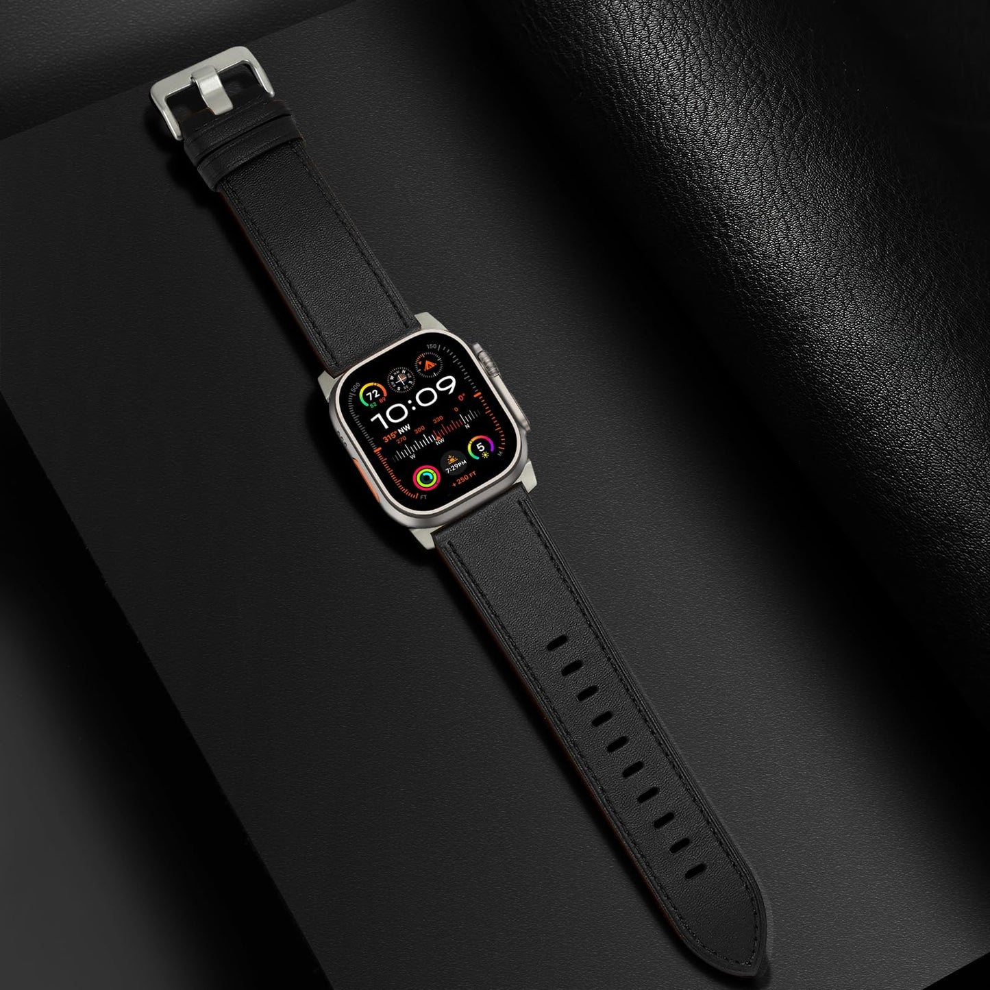 UUPWPOKT Leather Band Compatible with Apple Watch Ultra 3/2/1 Band 49mm 46mm 45mm 44mm 42mm Men, Genuine Leather Strap for iWatch Ultra Series 11 10 9 8 7 6 5 4 3 2 1 SE 3/2/1, Black/Titanium