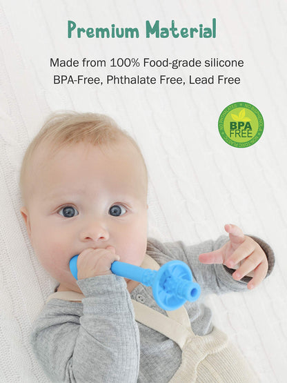 Giftty Teething Tube with Safety Shield Baby Hollow Teether Sensory Toys Gum Massager, Food-Grade Silicone for Infant 3-12 Months Boys Girls, 1 Pair with 4 Cleaning Brush Included (Emerald+Blue)