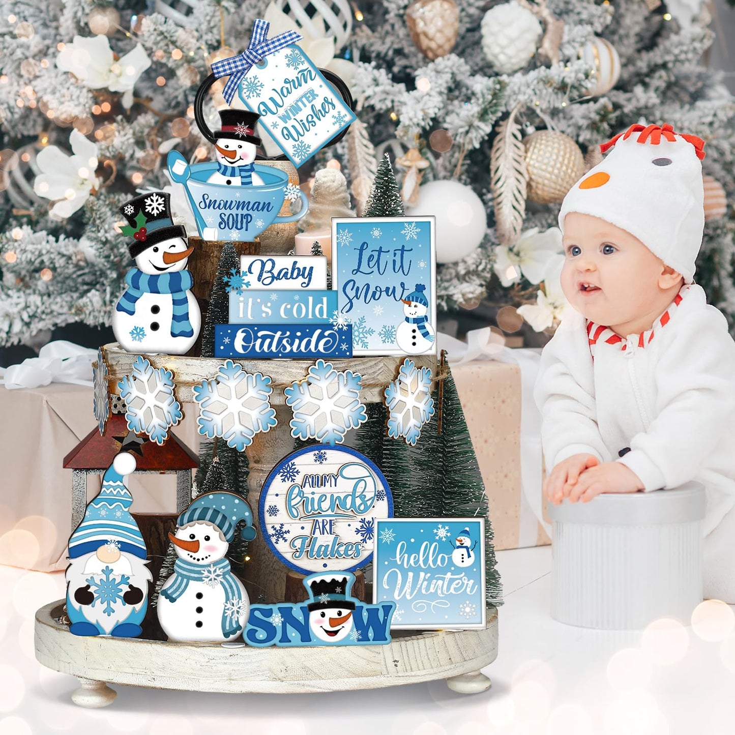 Ziliny 19 Pcs Winter Christmas Tiered Tray Decorations Set Snowman Snowflake Tiered Decor Winter Wooden Signs Farmhouse Table Centerpiece with Rope Holders for Xmas Party Favor Supplies