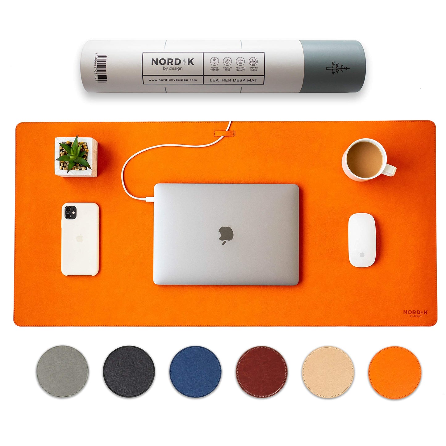 Nordik Leather Desk Mat Cable Organizer - Tangerine Orange 35 X 17 inch - Premium Extended Mouse Mat for Home Office Accessories - Non-Slip Vegan Leather Desk Pad Protector & Desk Blotter Pad