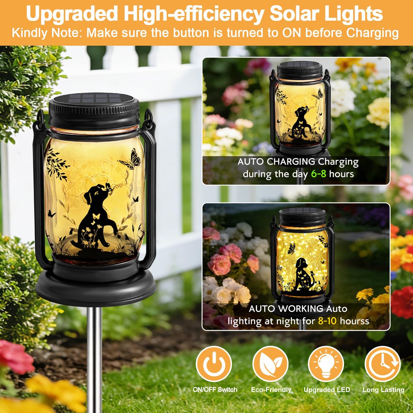 2 Pack Dog Solar Lanterns, Outdoor Hanging 3in1 Solar Lantern with Stake, Birthday Gifts for Mom, Grandma, Women Dog Lover, Dog Butterfly Mason Jar Waterproof LED Lights for Yard Lawn Garden Decor