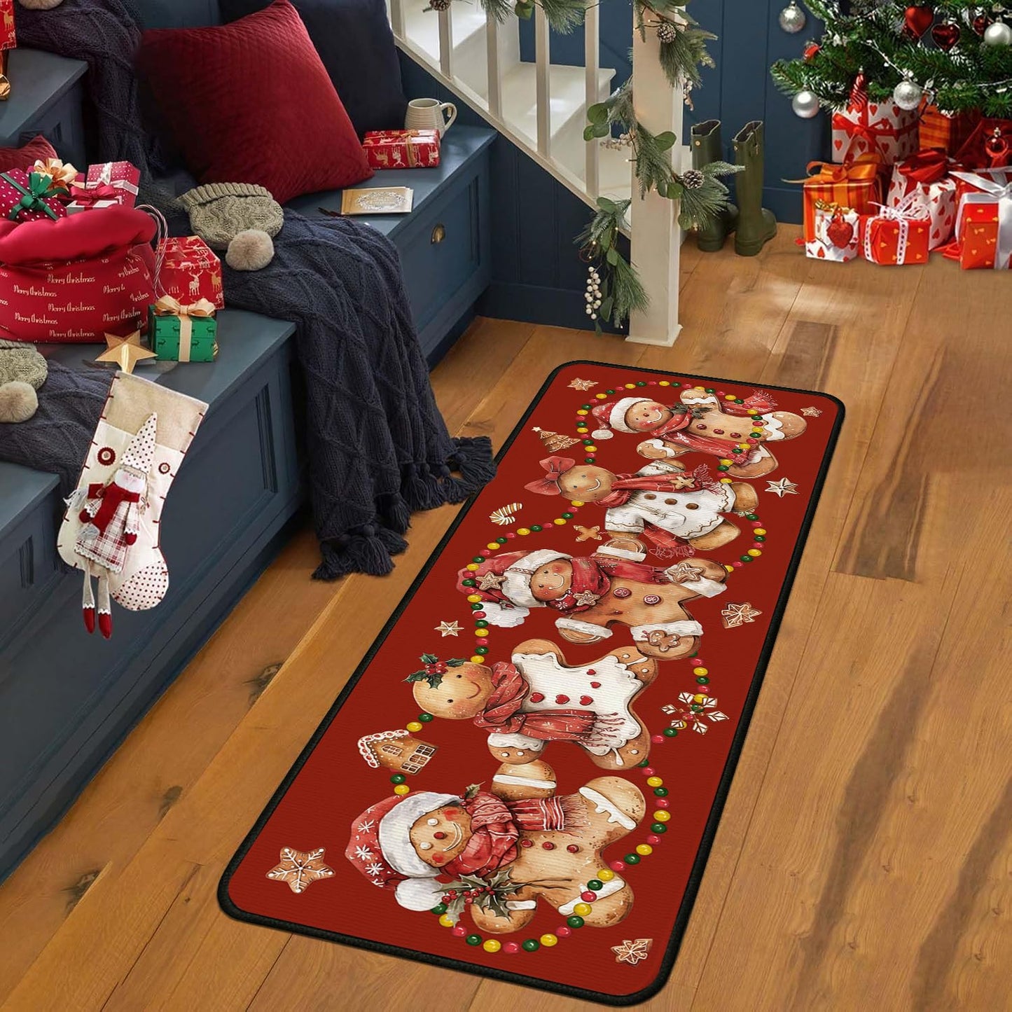 Christmas Kitchen Mats for Floor, Gingerbread Kitchen Rugs Sets of 2,Red Xmas Non-Slip Washable Kitchen Decor Floor Rug Home Decoration Doormat 17"x30"+17"x47"