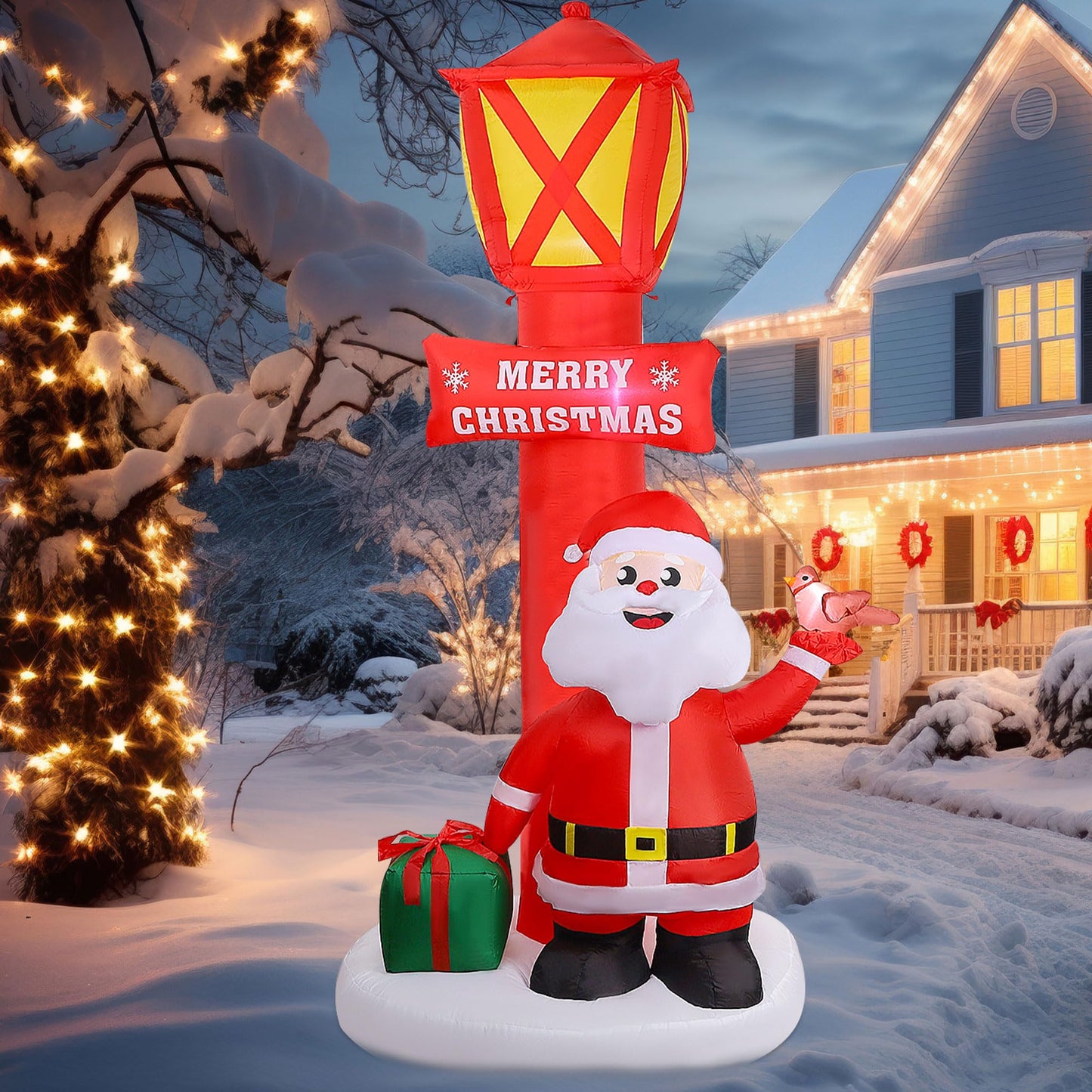 ZaaYee 8FT Christmas Inflatable Yard Decoration, Giant Blow Up Lighthouse with Santa and Redbird with Built-in LED Lights for Front Door Lawn Garden Holiday Display Indoor Outdoor Decor
