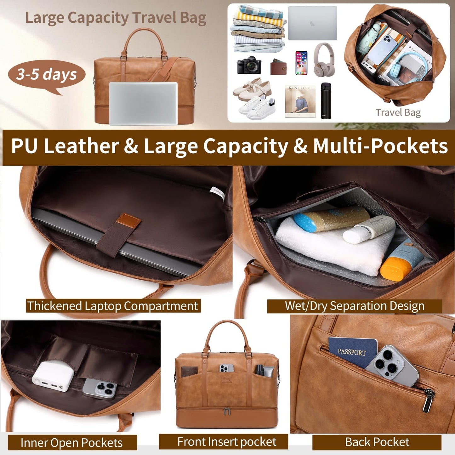 Faux Leather Weekender Bags for Women: Large Overnight Bags Travel Duffel Carry On Weekend Tote with Shoe & Laptop Compartment for Airplane Traveling Gym, Brown