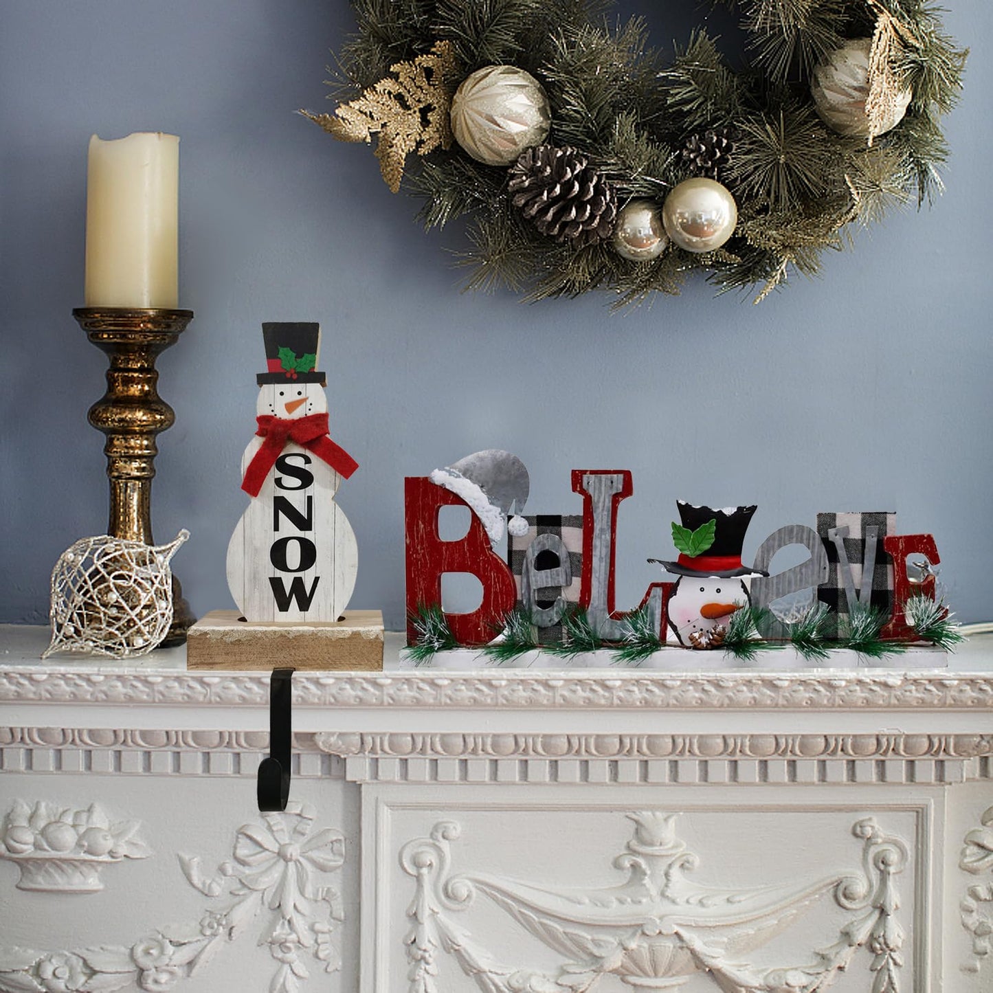 Wooden Tabletop Christmas Believe Sign Rustic Xmas Believe Merry Christmas Snowman Decorations for Home Rustic Believe Block Sign Farmhouse Fireplace Mantel Decor Xmas Winter Holiday Party Decor