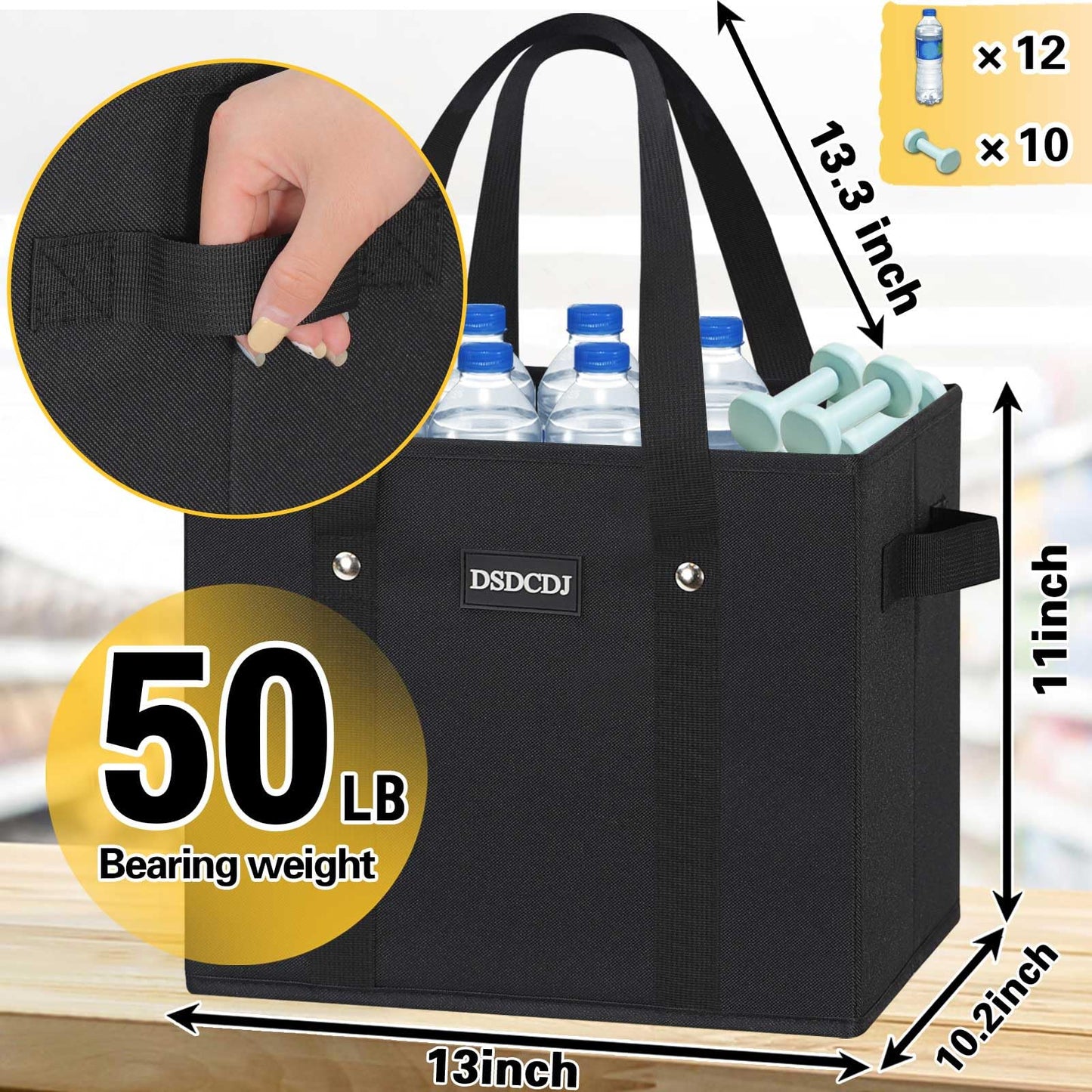 DSDCDJ Reusable Grocery Bags 3 Pack - Heavy Duty Reusable Shopping Bags with Hard Bottom & Long Handles, Stand Up Grocery Boxes Reusable Foldable, 13x10.23x11in, Black