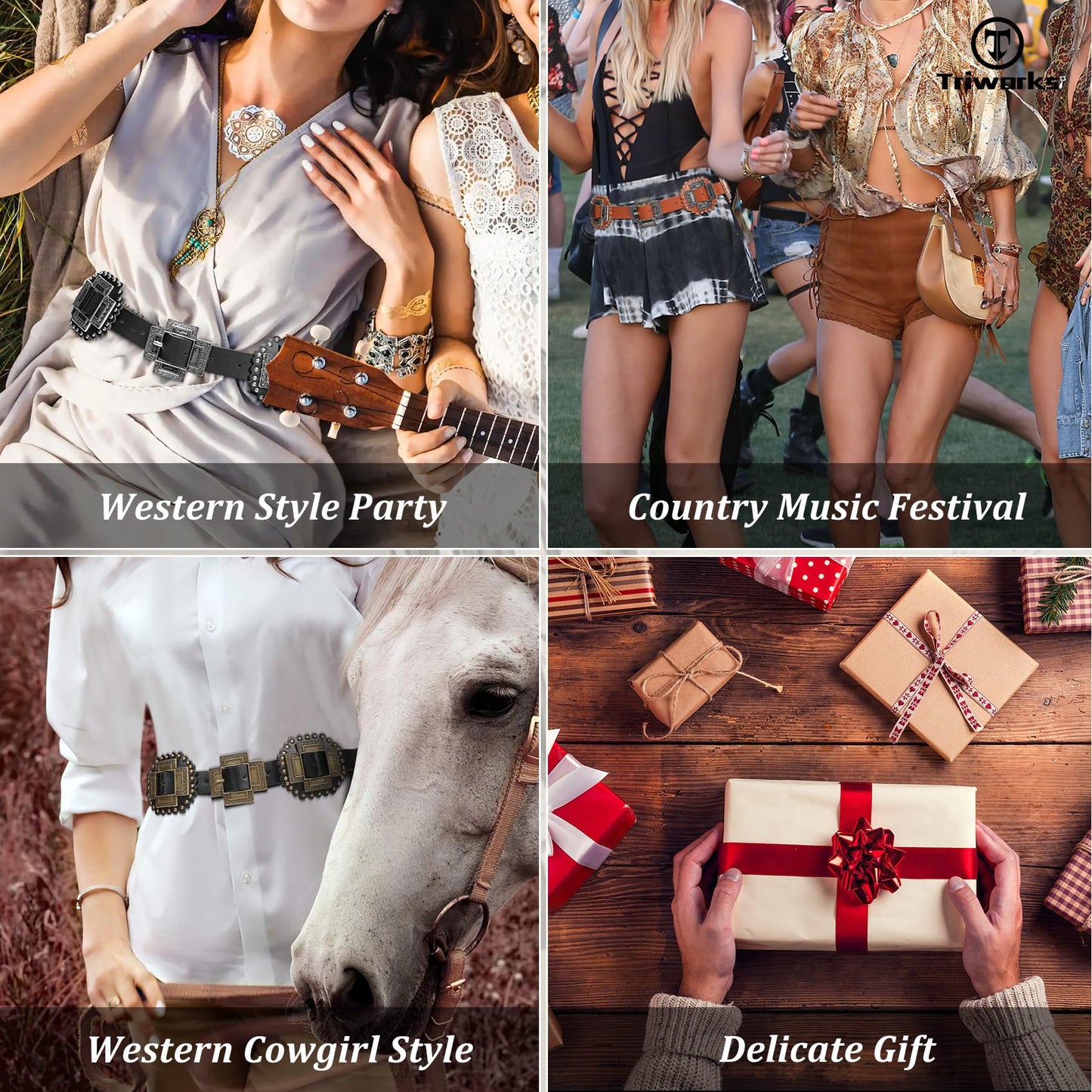 TRIWORKS Women Western Concho Leather Belt Cowgirl Boho Belt Chunky for Dresses Concert Festival