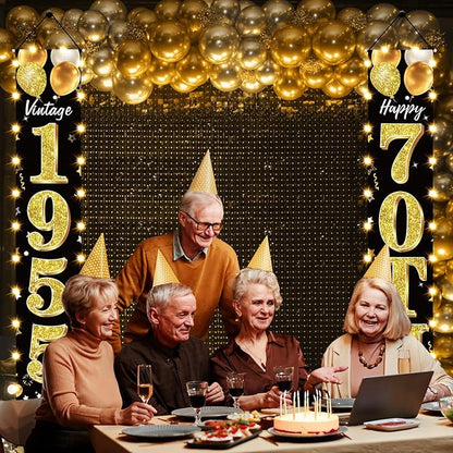 70th Birthday Decorations Lighted Banner for Men and Women - Black Gold Vintage 1955 70th Birthday Door Banners with LED Light, Seventy Years Bday Party Supplies for Indoor Outdoor Decor