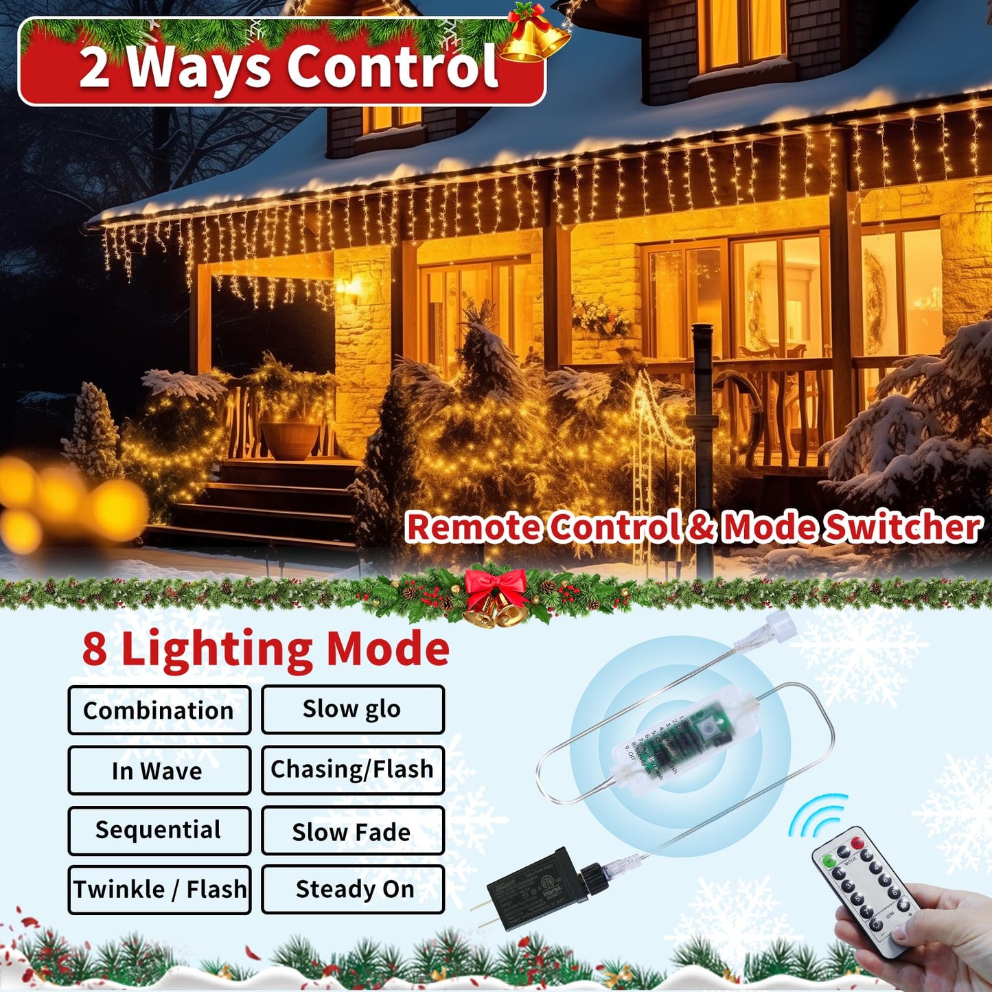 Ryblgled Plug-in Icicle Christmas Lights Waterproof - 65Ft 506 LED Icicle Lights for Outside Decorations with Remote, Warm White Icicle String Lights for Outdoor Indoor House Balcony Decor