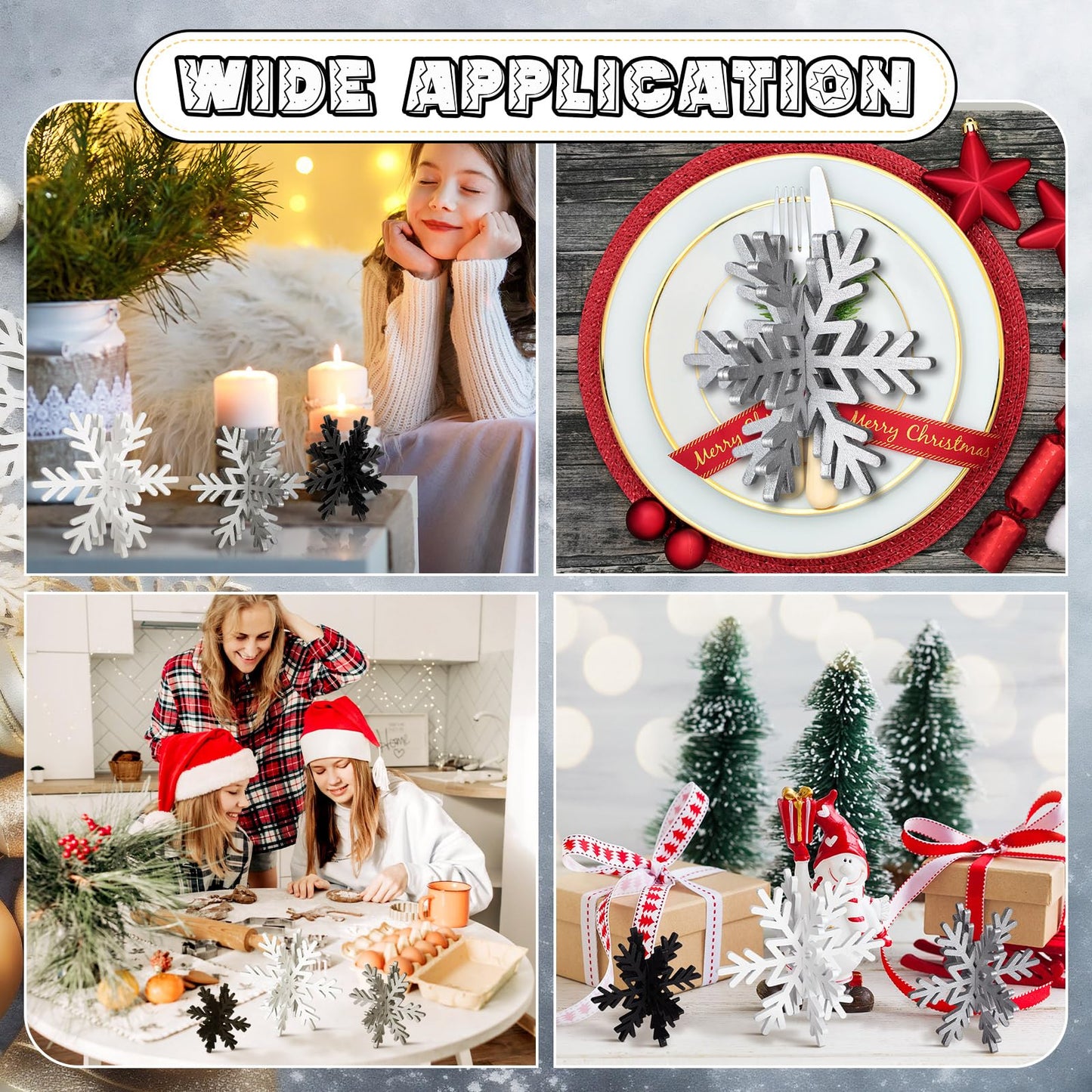 Bucherry 12 Pcs Wooden Snowflake Table Decor 3D Snowflake Tabletop Signs and Centerpiece for Frozen Party Christmas Xmas Winter Wonderland Decorations Home Office Mantel(White, Gray, Black)