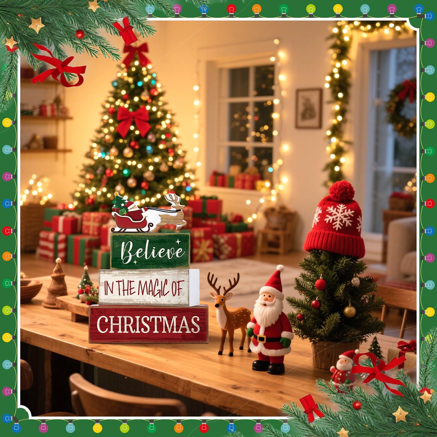 Lineshading 4 Pcs Summer Christmas Table Decoration Wooden Santa Claus Decor Christmas Tiered Tray Decor Decorative Santa Claus Elk Block Sign Gift Farmhouse Xmas Centerpiece for Home Kitchen Shelf