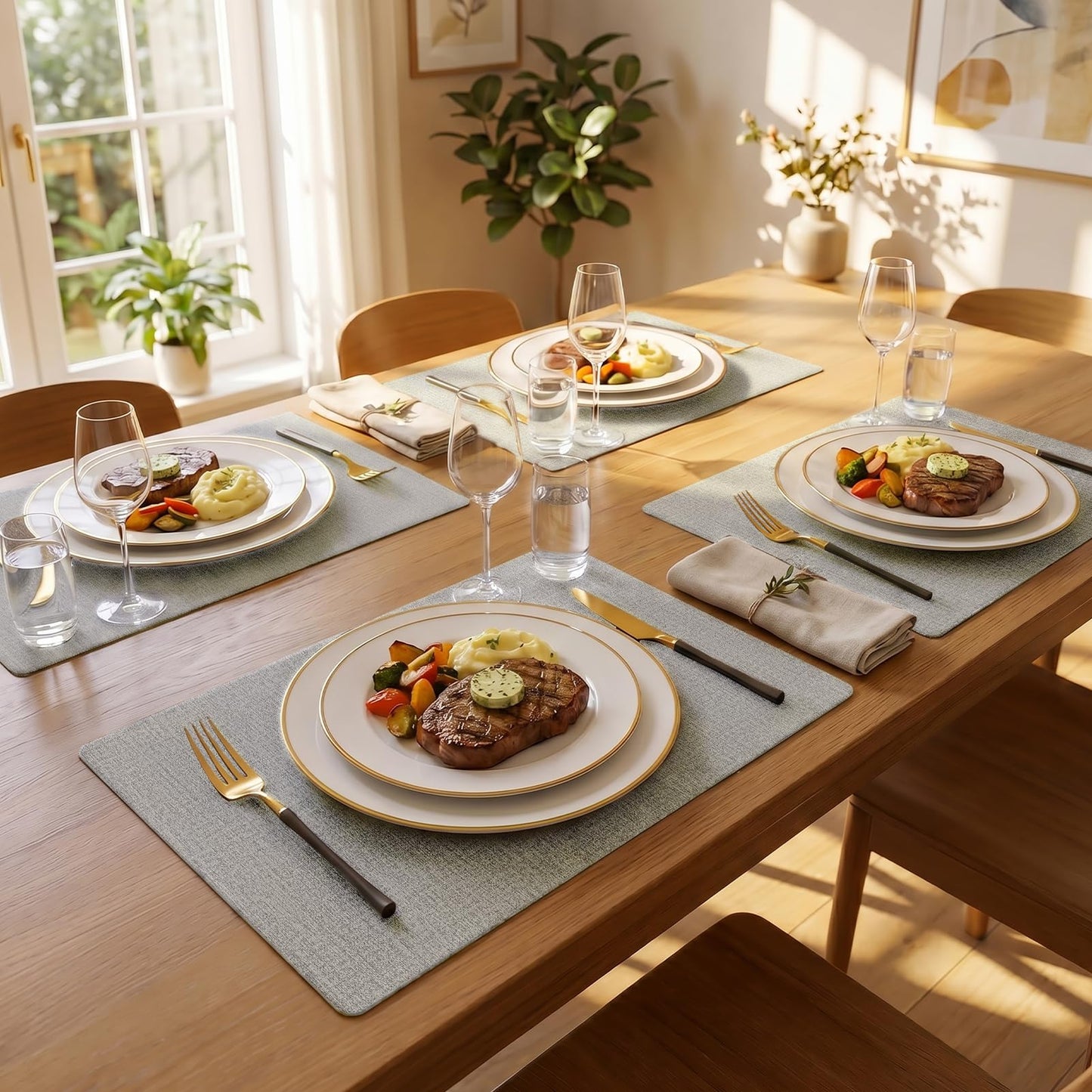 Romanstile Vinyl Placemats Set of 6-12 X 17 Inch - Faux Leather 100% Waterproof Wipeable Anti Slip Place Mats, Heat Resistant Reversible PU Table Mats for Kitchen Dining Party Outdoor, Light Grey