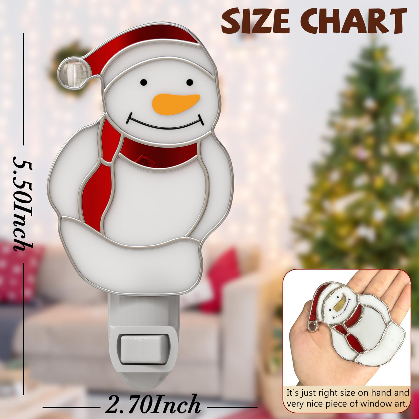 KUNDGLA Night Light Plug into Wall Stained Glass Christmas Snowmen Pretty Night Lights Plug in 7W Warm White Light Decorative Accent Nightlight Silver Chrome Nightlights Home Decor Gifts for Grandkids