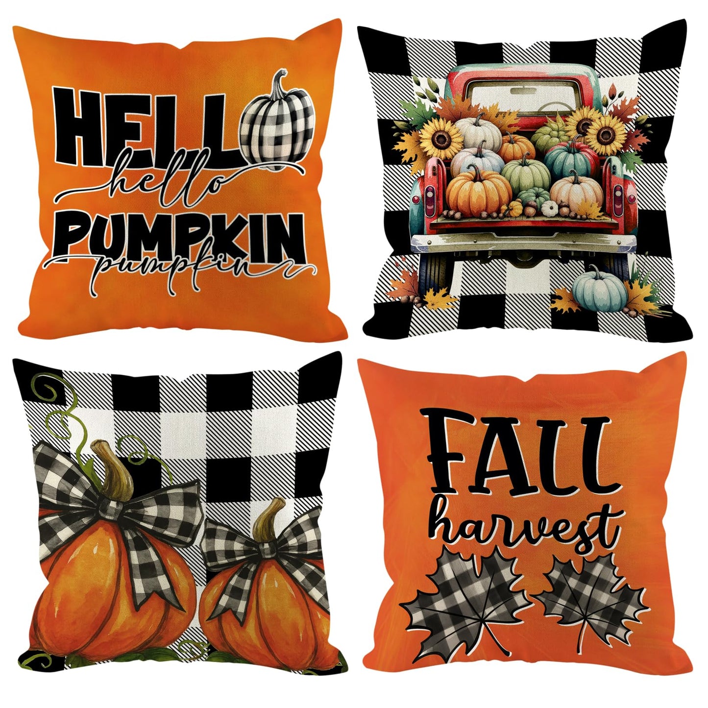 HDVUHKI Fall Pumpkin Pillow Covers 16x16 inch Set of 4, Linen Autumn Outdoor Thanksgiving Harvest Farmhouse Buffalo Check Truck Orange Decorations for Sofa Couch