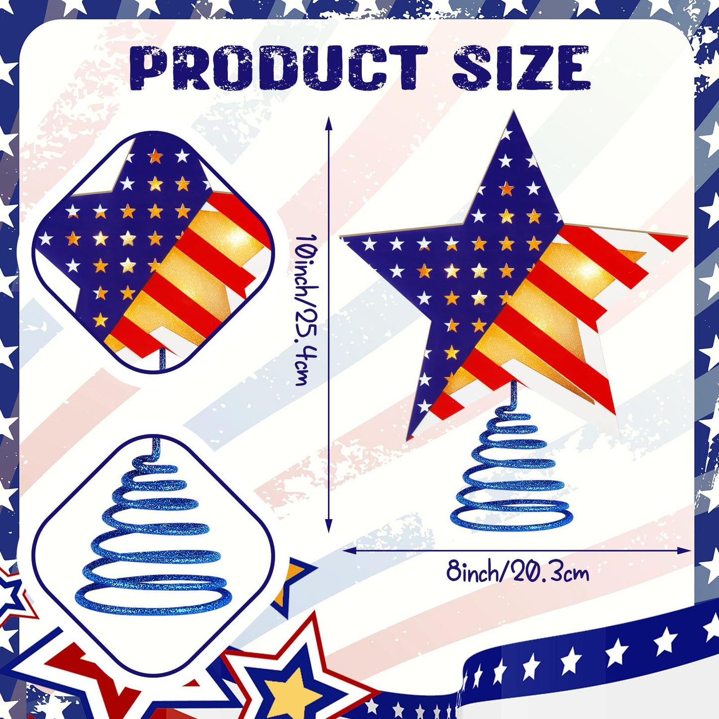 Craftsatin 9.2 Inch 4th of July Tree Topper Wooden Red White and Blue Patriotic 250th Star Tree Topper Happy Independence Day with LED Light for Party Decoration Tabletop Display Birthday Gift