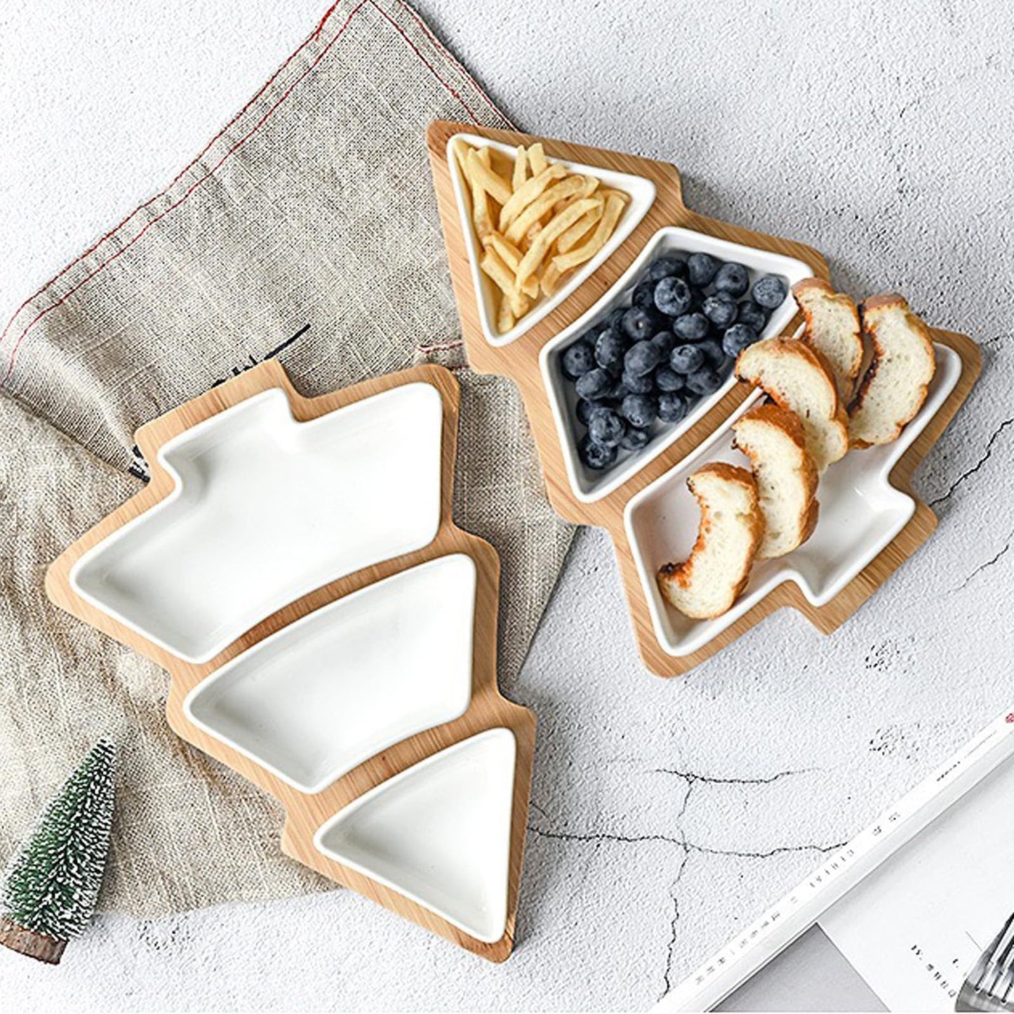Qancesd Christmas Tree Shaped Platter Ceramic Dinner Plates with Wood Tray Christmas Tree Dishes Decorative Food Serving Tray for Appetizer Snack