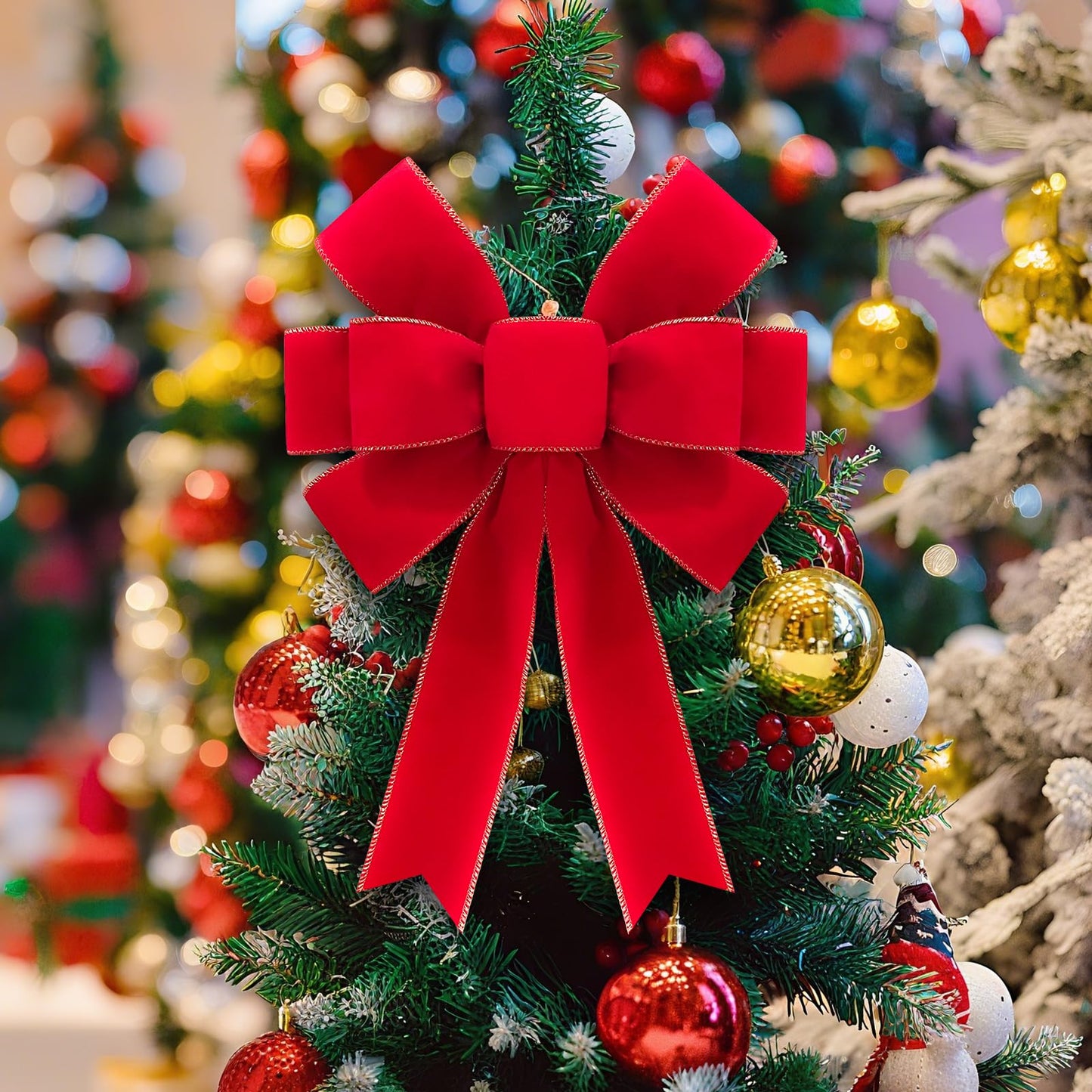 2pcs 16-Inch Velvet Red Bows for Christmas Tree, Handmade Christmas Bow Tree Topper-Gold Wire-Fluffy Sturdy Shape-Retaining, Gift Boxed & Ready-to-Use for Wreath Floral Fireplace Outdoor Car Garden