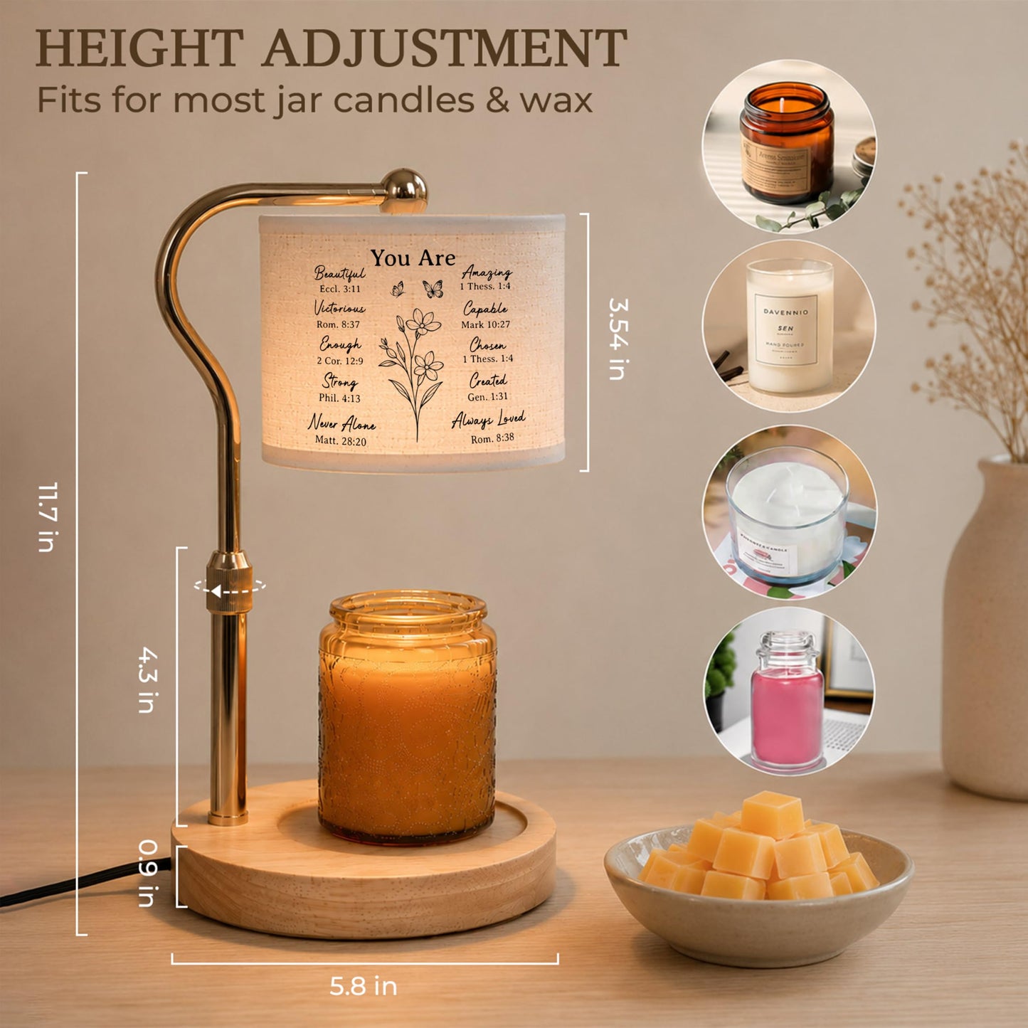 GIFTELIX Candle Warmer Lamp with Timer Dimmable - Christmas Birthday Gifts Christian Gift for Women - Flameless & Smokeless Height Adjustable Wax Melt Warmer with 2 Bulbs - Office Dorm Room Home Decor