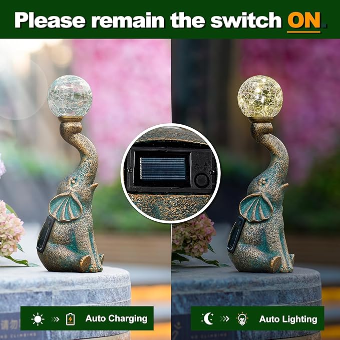 MININOVA Solar Elephant Garden Decor Outdoor Statues with Cracked Glass Ball(8 LED Lights), Cute Elephant Figurine for Patio, Lawn, Yard Decorations Gift for Mother Thanksgiving Day Christmas