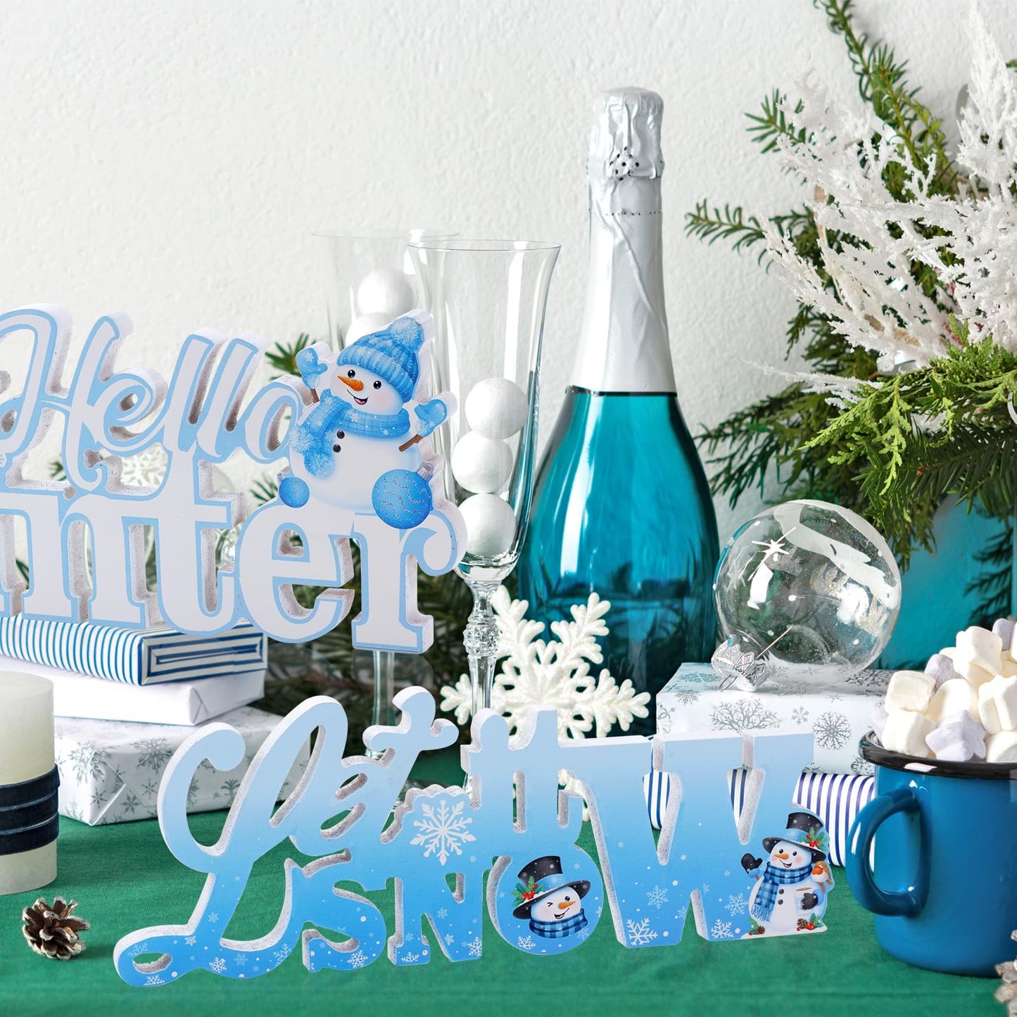 HOWAF 2pcs Wooden Winter Decor Signs, Let It Snow Tabletop Block Sign, Hello Winter Table Centerpiece, Snowflake Snowmen Ornaments for Winters Wonderland Decor Xmas Frozen Tiered Tray Decor