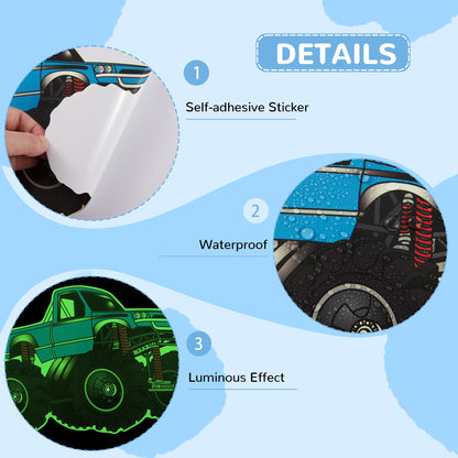 Glow in The Dark Racing Car Wall Stickers, Truck Kids Bedrooms Wall Decals, Racing Theme Big Foot Truck Ceiling Decor, Nursery Classroom Playroom Home Decor Gifts