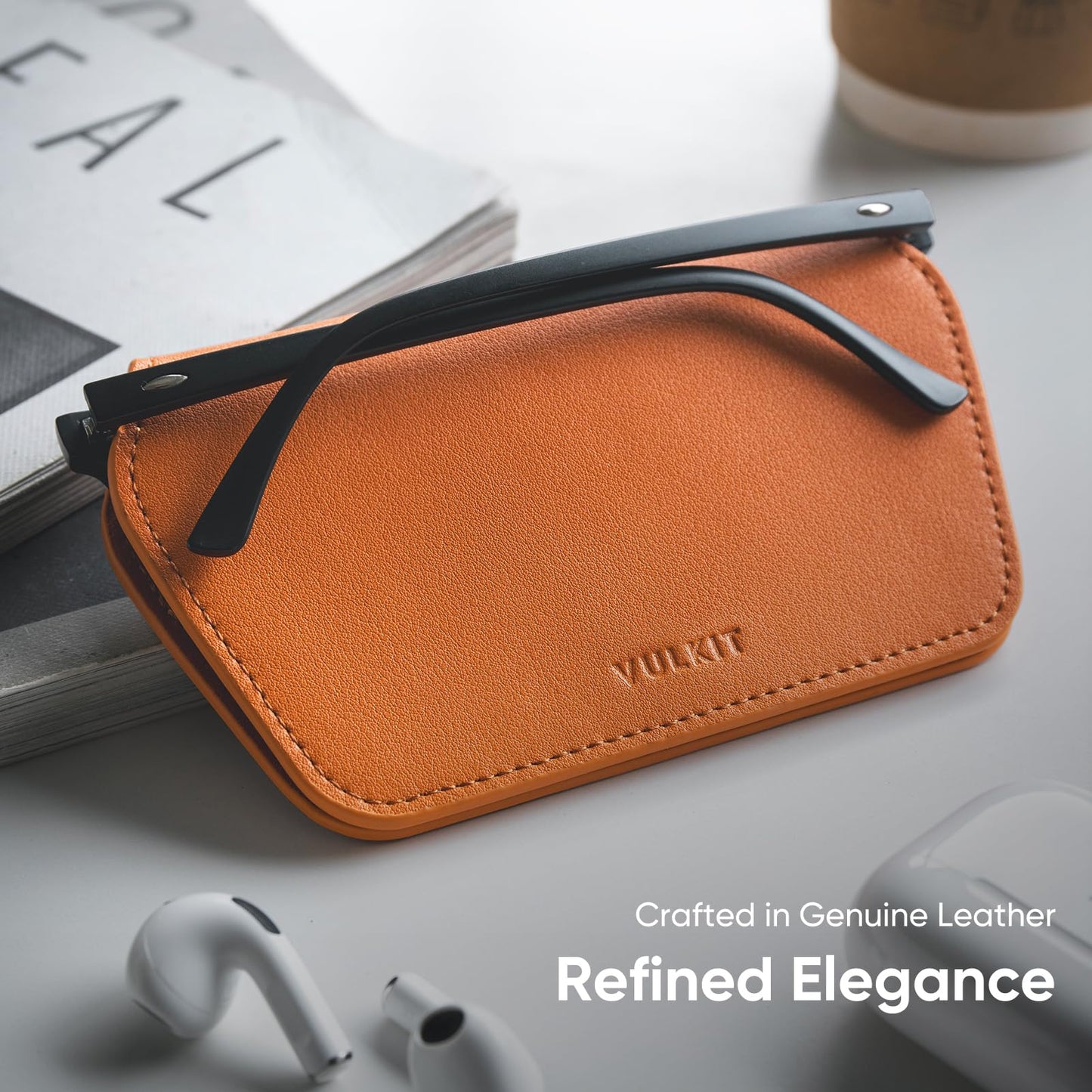 VULKIT Leather Glasses Case, Ultra Slim Sunglasses Case, Two Fixed Modes, Fits Most Eyeglasses & Sun Glasses, Minimalist Slim Design for Men & Women, Tangerine Twist