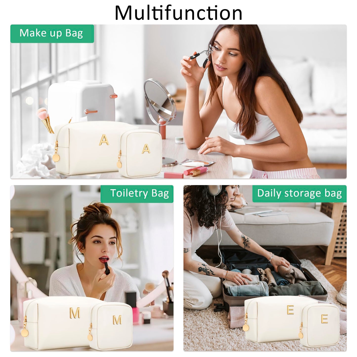 CLOUDWINGS Personalized Birthday Gifts for Women - Initial Makeup Bag Set Travel Toiletry Bag Cosmetic Bags Soft Waterproof PU Leather Makeup Pouch Travel Essentials (C, 2pcs Beige)