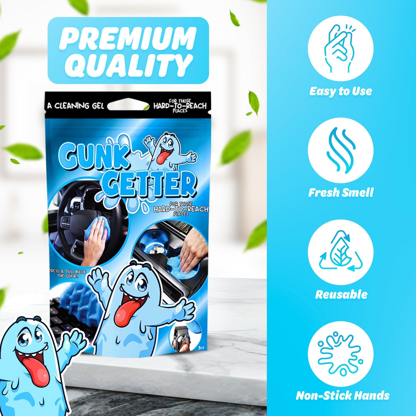 PeerBasics Gunk Getter, Cleaning Gel for Those Hard to Reach Places, Automotive Cup Holder Electronic Keyboard Office, Slime Gel Cleaner Dust Crumb Removal (Resealable Pouch, Blue, 3oz)