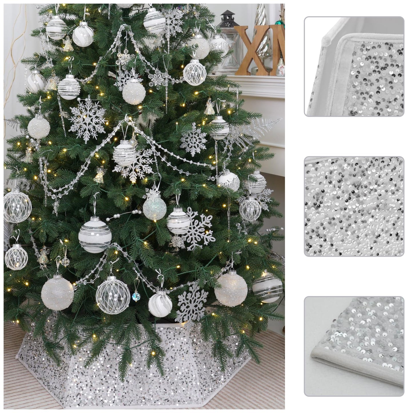 White Christmas Tree Collar with Sparkling Sequins,Christmas Tree Collars for Atificial Trees, 33.5 Inch Christmas Tree Skirt, Xmas Tree Stand Base Cover,Holiday Home Decor Tree Ring(Large)