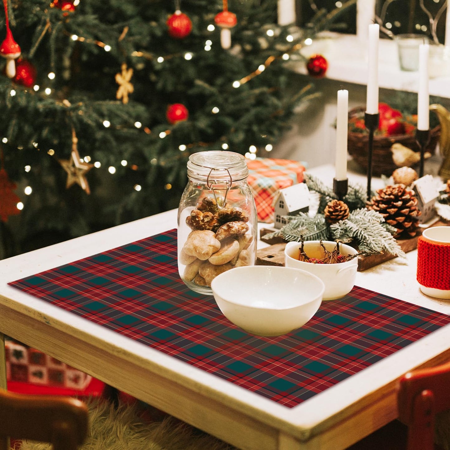 Red Plaid Christmas Placemats Set of 4 Winter Gifts for Christmas Women Rustic Holiday Placemats Decor for Xmas Party Outdoor Home Kitchen Dining Recyclable Table Mats 12x18 inch - DH730