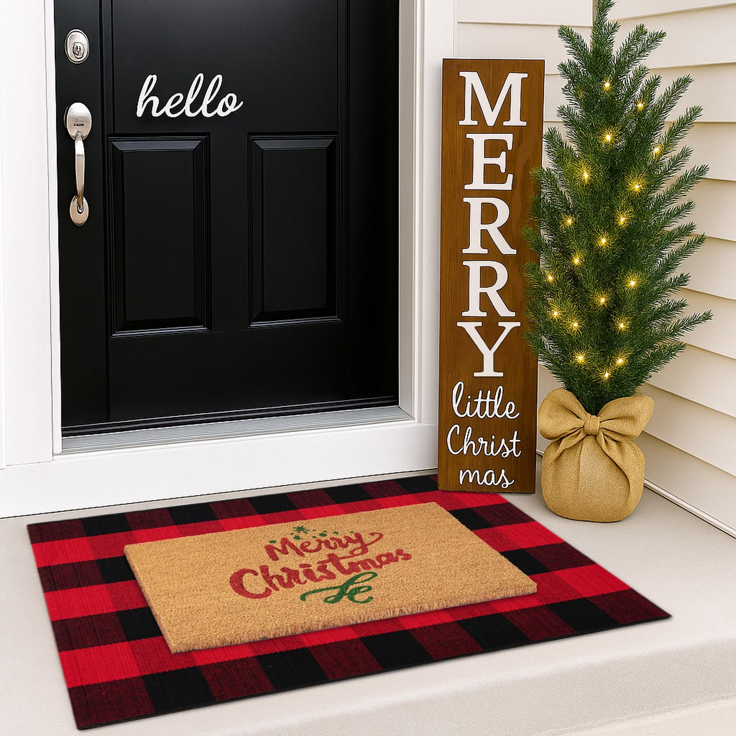 Christmas Door Mat Combo Set - 100% Coco Coir Welcome Mat + 28 x 43 Inch Red and Black Plaid Rug, New Year Holiday Christmas Collection Doormat for Front Porch Entryway Decor