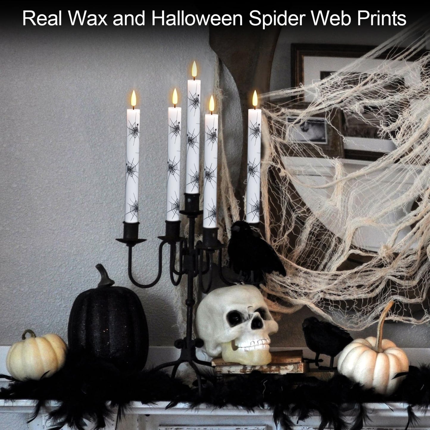 GenSwin Real Wax Flameless Taper Candles, 4 Pack Halloween LED Taper Candles Battery Operated with Remote Timer, Flameless Candlesticks with Spider Web Prints for Halloween Decoration (0.75” x 9.65”)