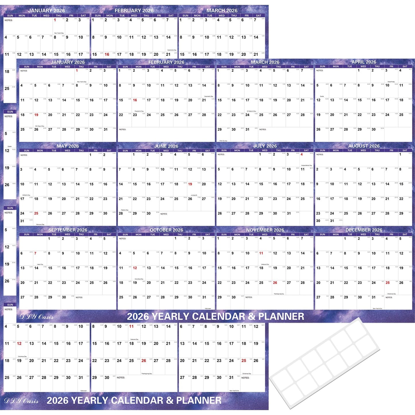 32" x 48" 2026 Wall Calendar Dry Erase - Folded Large Starry Sky Wall Calendar 2026, Wet & Dry Erasable, Laminated 12-Month Annual Yearly Planner, Reversible, Horizontal/Vertical, Purple