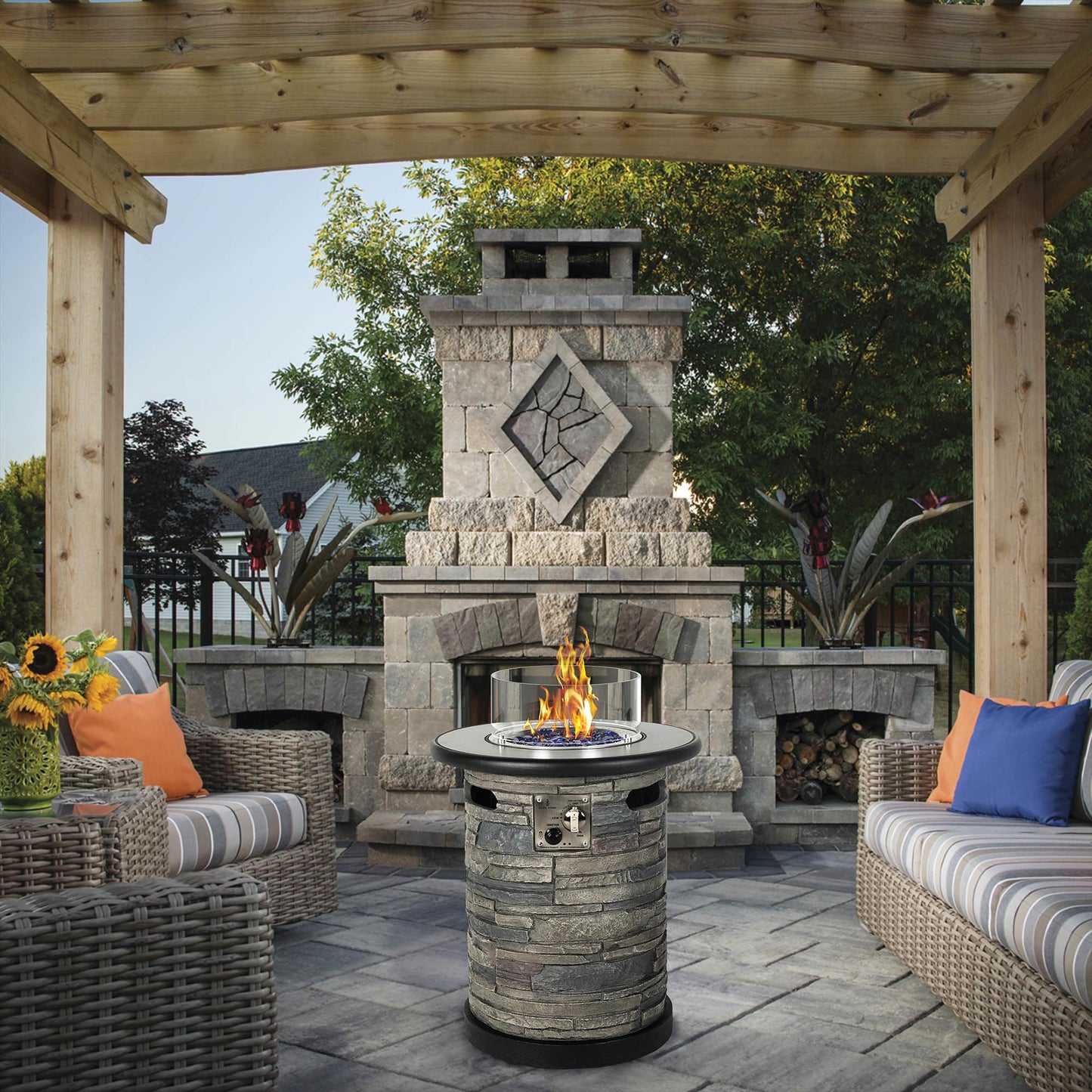 BAIDE HOME Outdoor Propane Fire Pit Table, Round Porcelain Tile Top 22" Fire Bowl Column W/ 40,000 BTU Firepit Table Auto-Ignition 400D Cover Glass Rocks for Outside Patio
