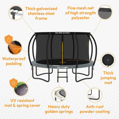 JUMPZYLLA Trampoline Outdoor 8FT 10FT 12FT 14FT 15FT 16FT with Enclosure, Non-Slip Ladder & Anti-Rust Coated Frame, ASTM Approved Recreational Backyard Large Trampoline with Net for Kids & Adults