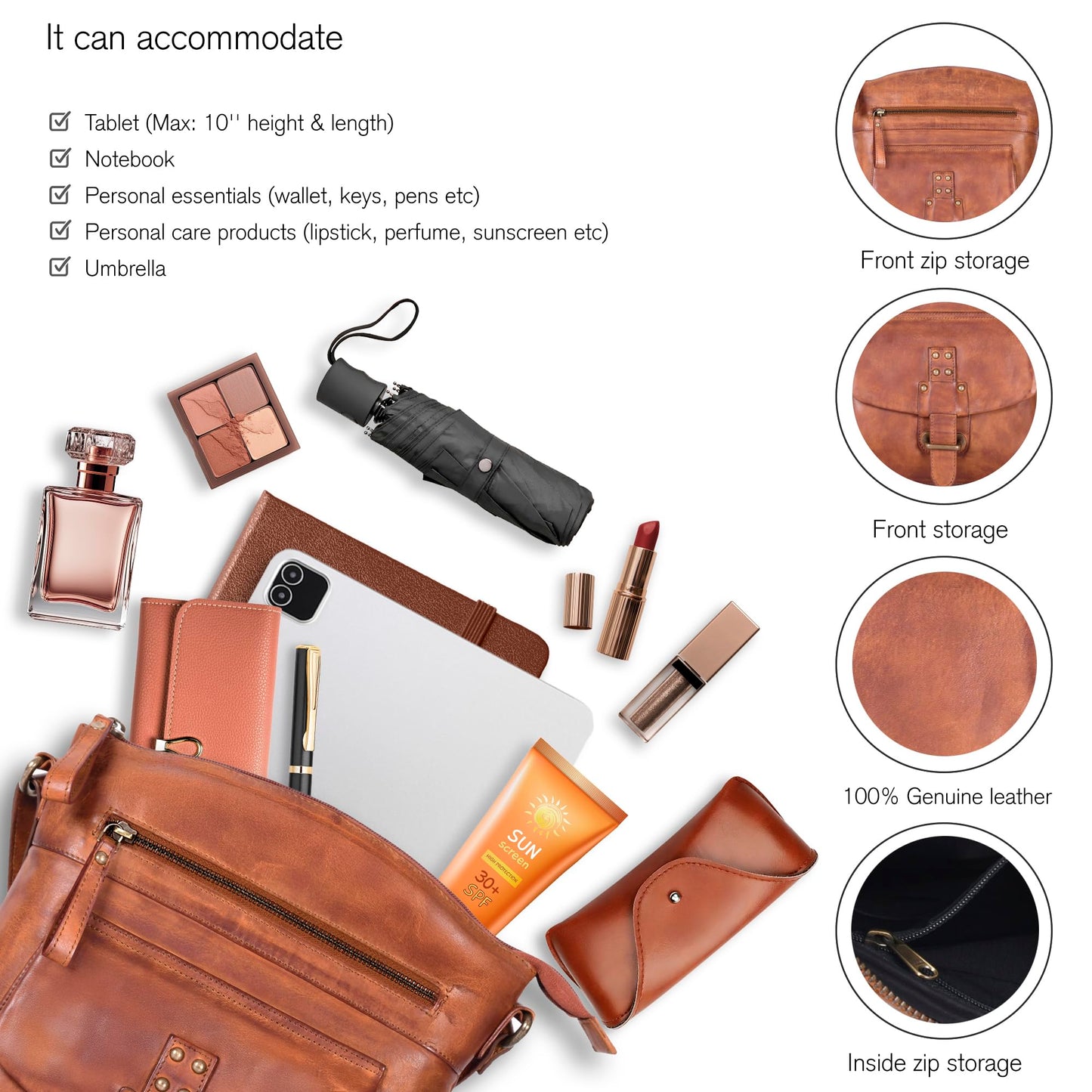 Oak Leathers Leather Crossbody Bag For Women With Adjustable Sling Strap - Medium Size Crossover Shoulder Handbag Purse (Tan Wash)