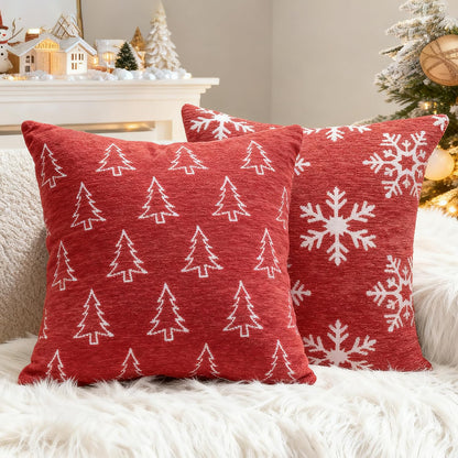 Auomily Christmas Chenille Pillow Covers 20x20 Set of 2, Reversible Snowflake & Tree Design, Cozy Farmhouse Holiday Throw Pillowcases with Hidden Zipper for Sofa, Couch and Bed(Red,20x20)
