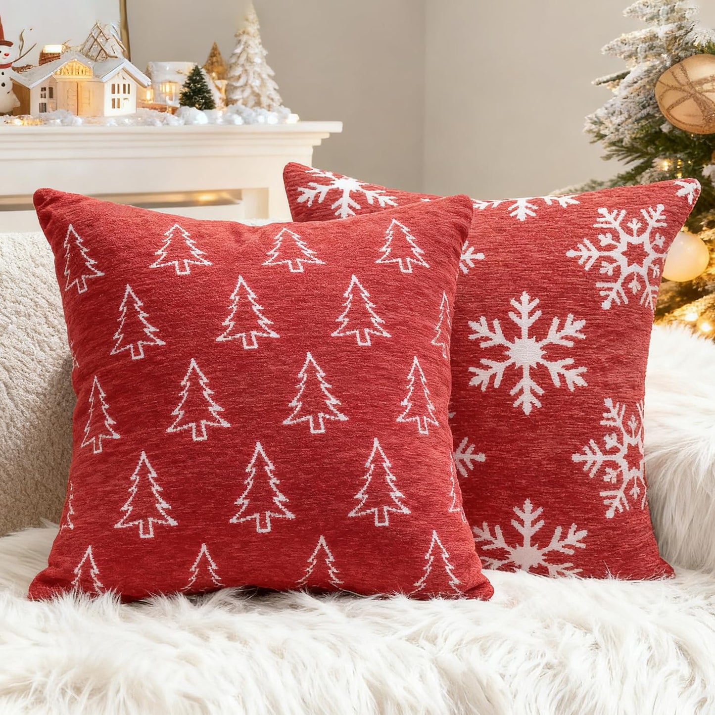 Auomily 2 Pack Christmas Pillow Covers 18x18, Chenille Double-Sided Snowflake & Christmas Tree Decorative Throw Pillow Cases, Soft Farmhouse Holiday Cushion Covers for Sofa Couch Bed(Red,18x18)