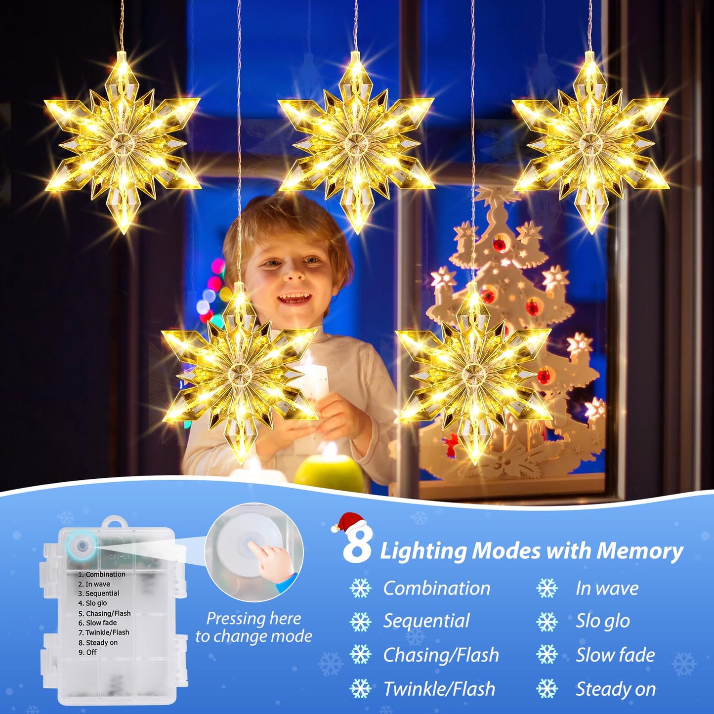 Christmas Snowflakes Window Lights, 5 Pack 60 LEDs Waterproof Hanging Battery Operated Christmas Decoration with Timer for Indoor Outdoor Xmas Home Winter Party Patio Bedroom Decor, Warm White