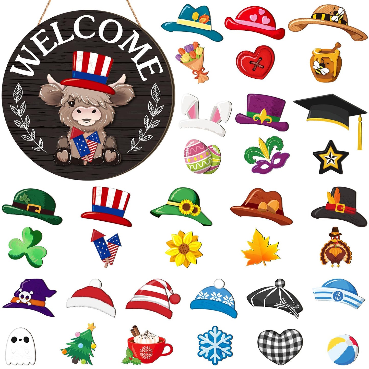 Vicenpal 35 Pcs Patriotic Interchangeable Highland Cow Welcome Sign Highland Cow Seasonal Wooden Hanging Door Decor 4th of July Farmhouse Hanging Sign for Graduation Party Decor